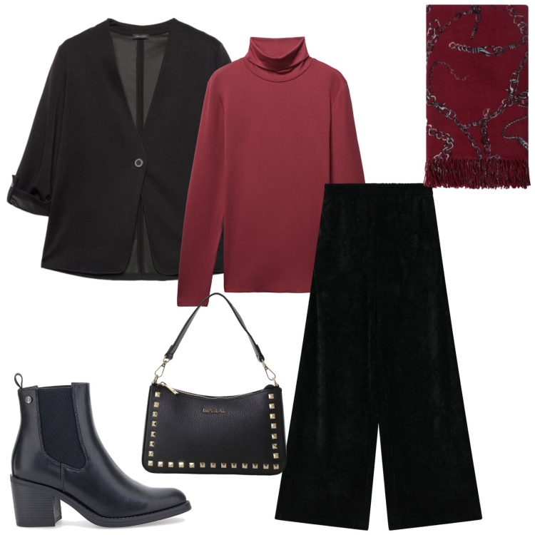 Outfit donna - Total look #2323728. Stile Casual chic per Ufficio. Abbinamento con t-shirt, pochette, pantaloni, sciarpe, blazer, stivaletti.