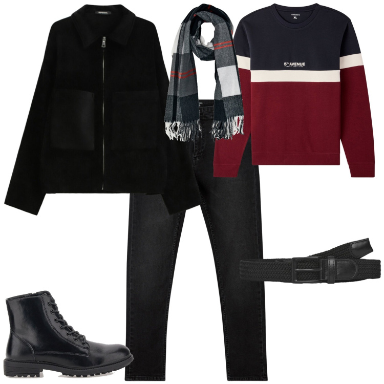 Outfit uomo - Trendy week end. Stile Trendy per Tutti i giorni. Abbinamento con jeans skinny, cinture, felpe, cappotti, sciarpe, anfibi.