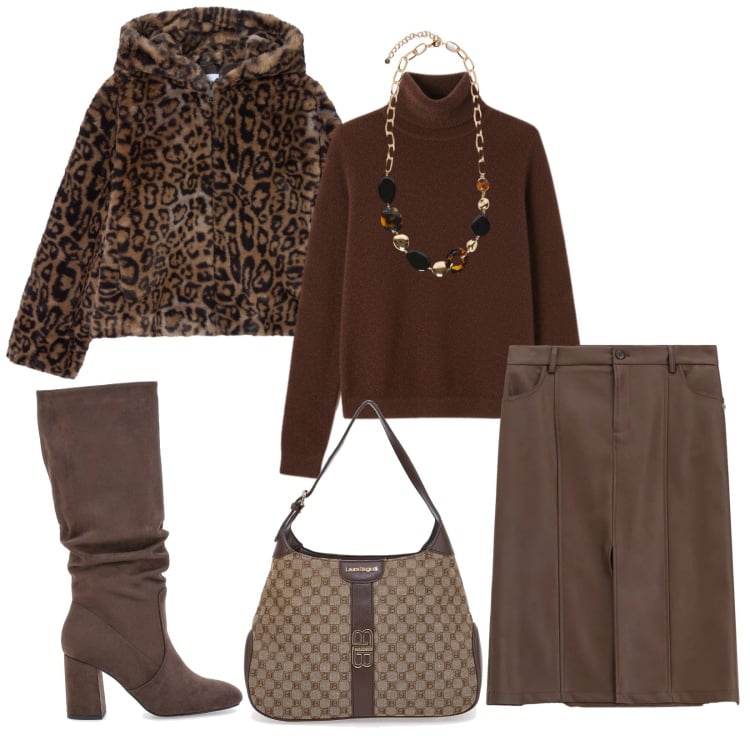 Outfit donna - Total look #2323731. Stile Urban per Serata fuori. Abbinamento con ecopellicce, gonne, pullovers, collane, stivali sopra il ginocchio, borse a spalla.