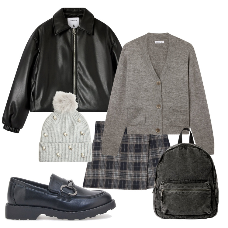 Outfit donna - Un giorno in ufficio. Stile Trendy per Tutti i giorni. Abbinamento con minigonne, cardigans, zaini, berretti, bomber, mocassini.