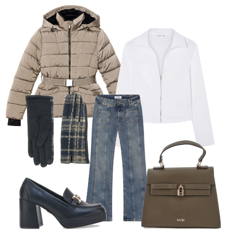 Outfit donna - Terranova saldi. Stile Casual chic per Tutti i giorni. Abbinamento con piumini, jeans, camicie, mocassini, guanti, borse a mano.