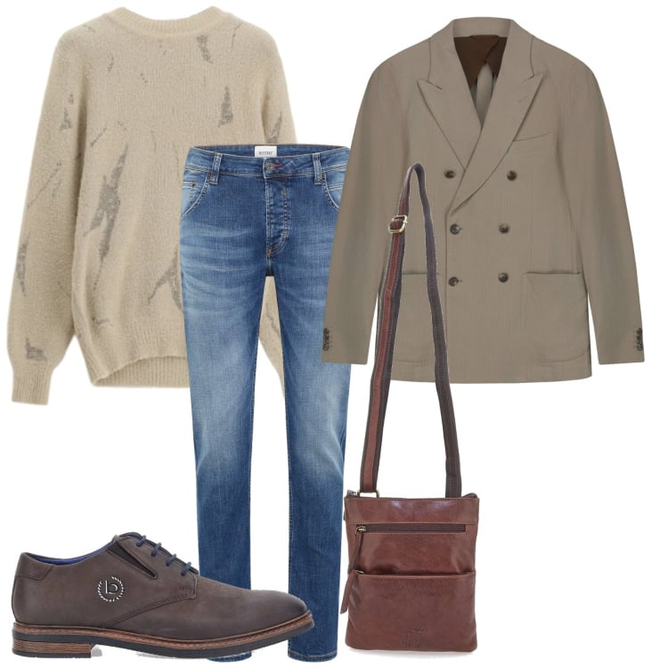 Outfit uomo - Doppiopetto sui jeans. Stile Casual per Tutti i giorni. Abbinamento con jeans dritti, maglieria, scarpe stringate, portafogli, giacche.