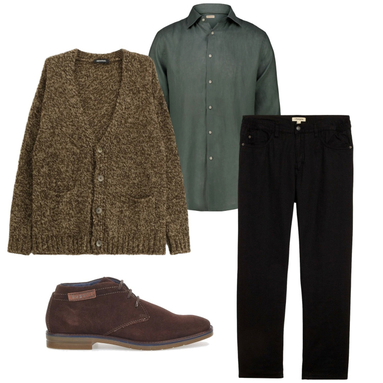 Outfit uomo - Tabacco e salvia. Stile Casual per Tutti i giorni. Abbinamento con pantaloni, cardigans, scarpe stringate, camicie.