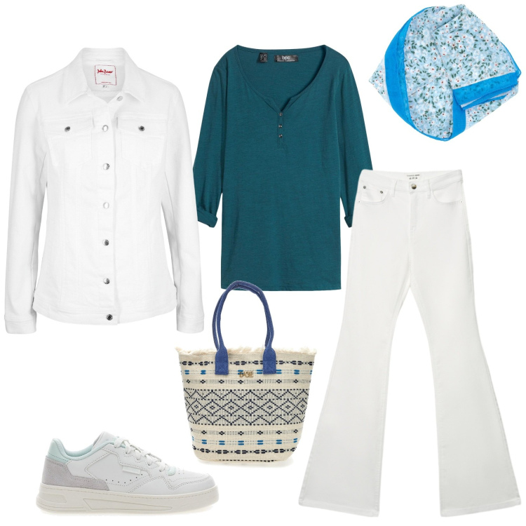 Outfit donna - Total look #2323746. Stile Casual per Tutti i giorni. Abbinamento con cardigans, blazer, jeans a zampa, foulard, sneakers, borse a mano.