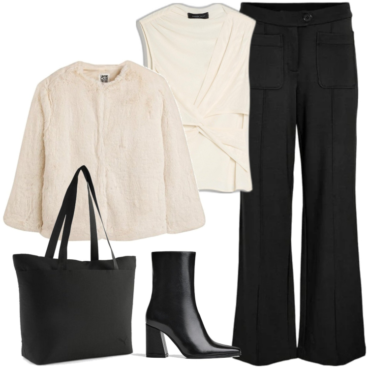 Outfit mujer - Casual chic #904. Estilo Casual chic para Noche/Fiesta elegante. Combinación con top, pantalones, abrigos, botines, bolso tote.