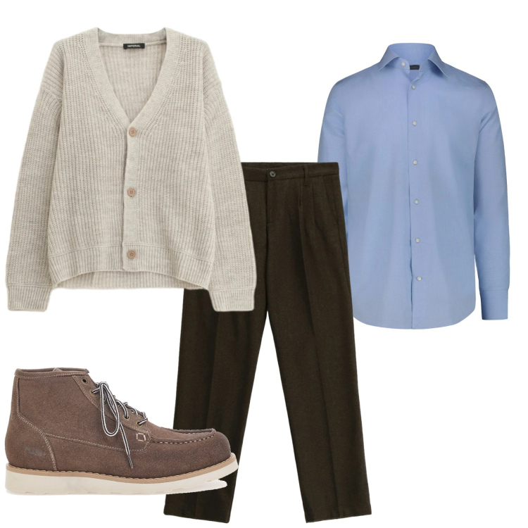 Outfit uomo - Casual di classe. Stile Casual per Tutti i giorni. Abbinamento con pantaloni, cardigans, stivali e stivaletti, camicie.