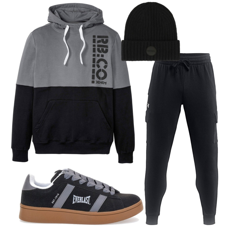 Outfit uomo - Total look #2323758. Stile Urban per Tutti i giorni. Abbinamento con felpe con cappuccio, cappelli, sneakers, pantaloni.