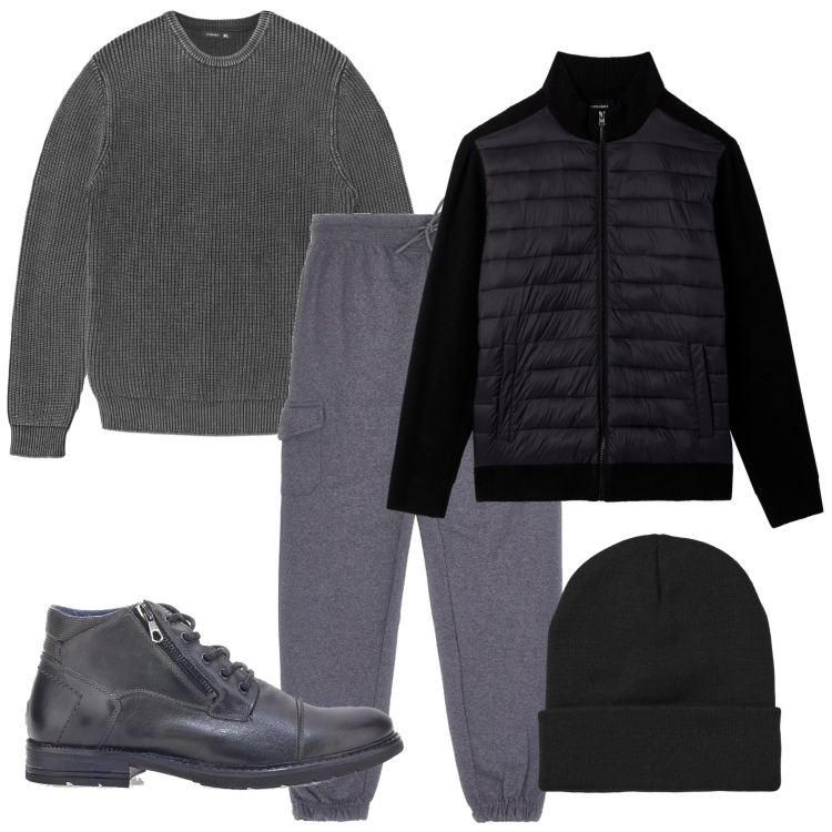 Outfit uomo - Giornata piovosa. Stile Urban per Tutti i giorni. Abbinamento con maglieria, berretti, piumini, stivali e stivaletti, pantaloni cargo.