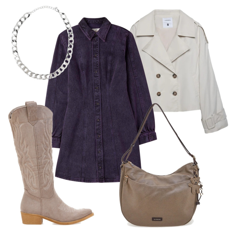 Outfit donna - Saldi 25 terranova. Stile Casual per Tutti i giorni. Abbinamento con vestiti chemisier, caban, collane, stivali, borse a spalla.