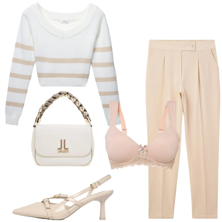 Outfit donna - Pesca e burro. Stile Romantica per Serata fuori. Abbinamento con reggiseni, décolleté, pantaloni chino, maglieria, borse a tracolla.