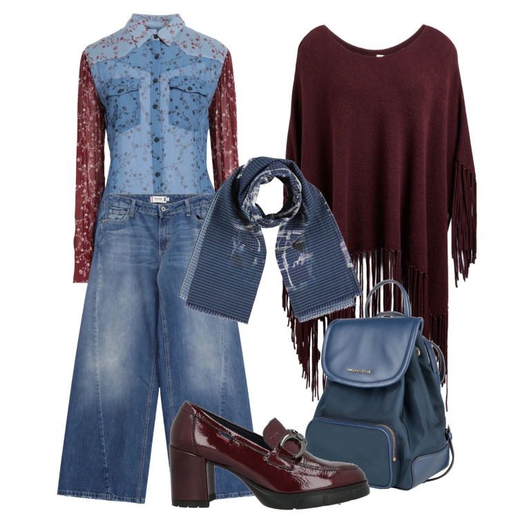 Outfit donna - Camicia a fiori. Stile 70s per Tutti i giorni. Abbinamento con mocassini, sciarpe, zaini, camicie, cappotti, jeans.