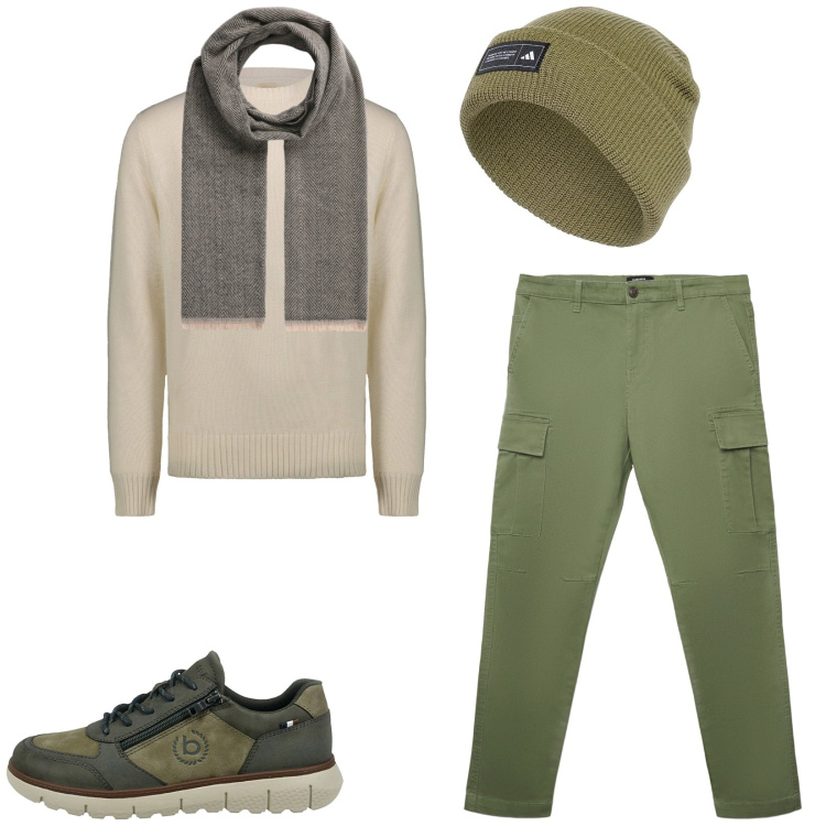 Outfit uomo - Total look #2323782. Stile Urban per Tutti i giorni. Abbinamento con sciarpe, pantaloni cargo, sneakers, berretti, maglieria.