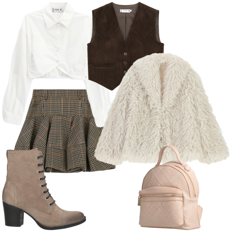 Outfit donna - Brown. Stile Bon Ton per Tutti i giorni. Abbinamento con zaini, stivaletti, camicie, gilet, ecopellicce, minigonne.