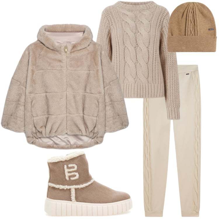 Outfit donna - Atmosfera nordica. Stile Casual chic per Tutti i giorni. Abbinamento con pantaloni, berretti, maglieria, ecopellicce, stivaletti.