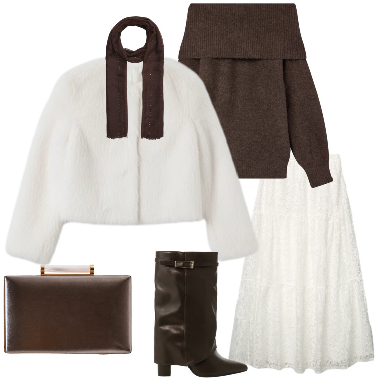 Outfit donna - Gennaio con gli stivali. Stile Casual chic per Serata fuori. Abbinamento con maglieria, sciarpe, gonne lunghe, stivali, clutch, ecopellicce.