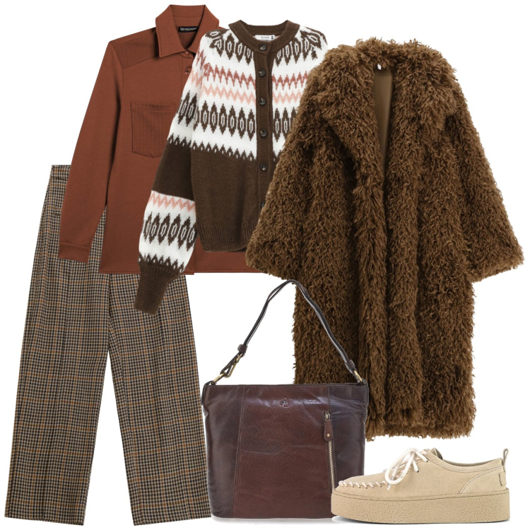 Outfit donna - Il grande freddo. Stile Casual per Ufficio. Abbinamento con cardigans, cappotti, pantaloni a palazzo, camicie, mocassini, borse a spalla.