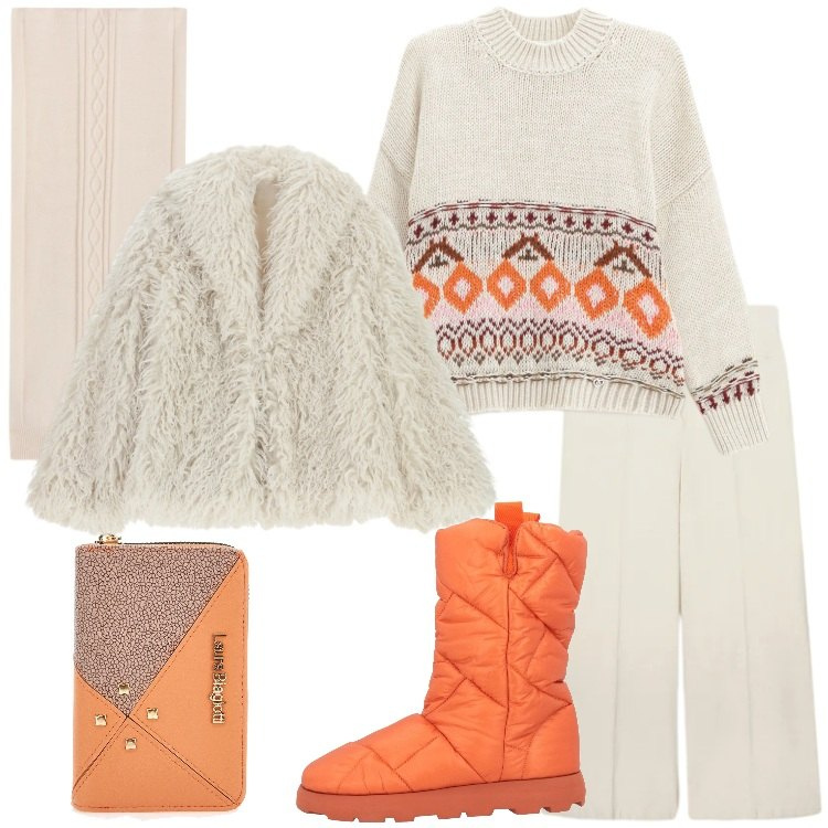 Outfit donna - Atmosfera nordica. Stile Casual chic per Tutti i giorni. Abbinamento con stivaletti, maglieria, ecopellicce, sciarpe, portafogli, pantaloni chino.