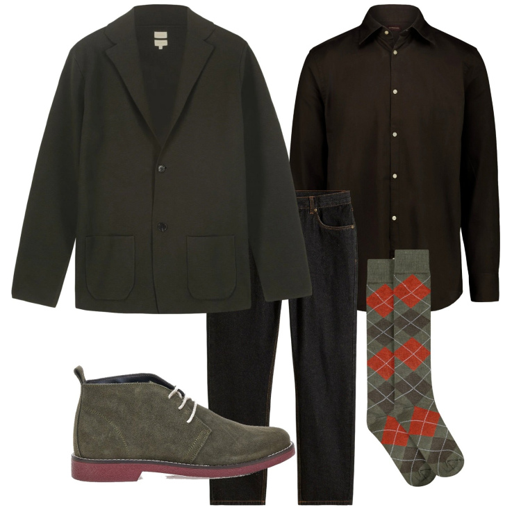Outfit uomo - Passo a prenderti. Stile Trendy per Serata speciale. Abbinamento con jeans dritti, giacche, camicie, stivali e stivaletti, calzini.