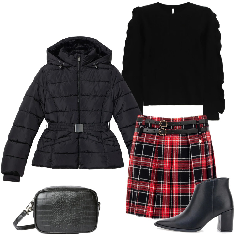 Outfit donna - Scozzese sempre di moda. Stile Preppy per Tutti i giorni. Abbinamento con piumini, maglieria, minigonne, borse a tracolla, stivaletti.
