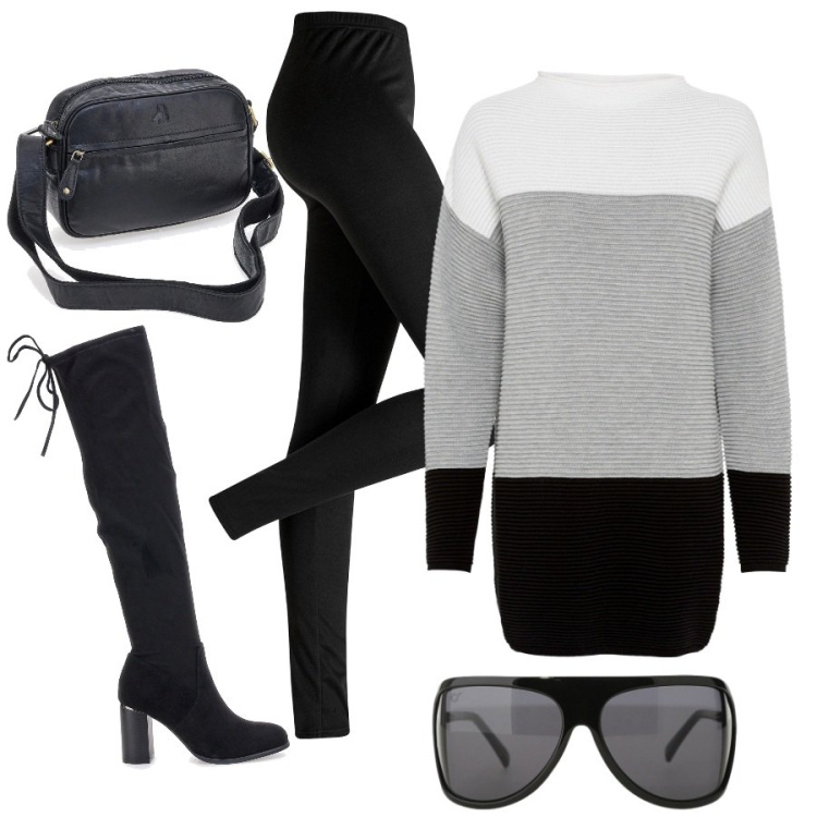Outfit donna - Lunedì mattina energico. Stile Casual per Tutti i giorni. Abbinamento con maglieria, leggings, occhiali da sole, stivali sopra il ginocchio, borse a tracolla.