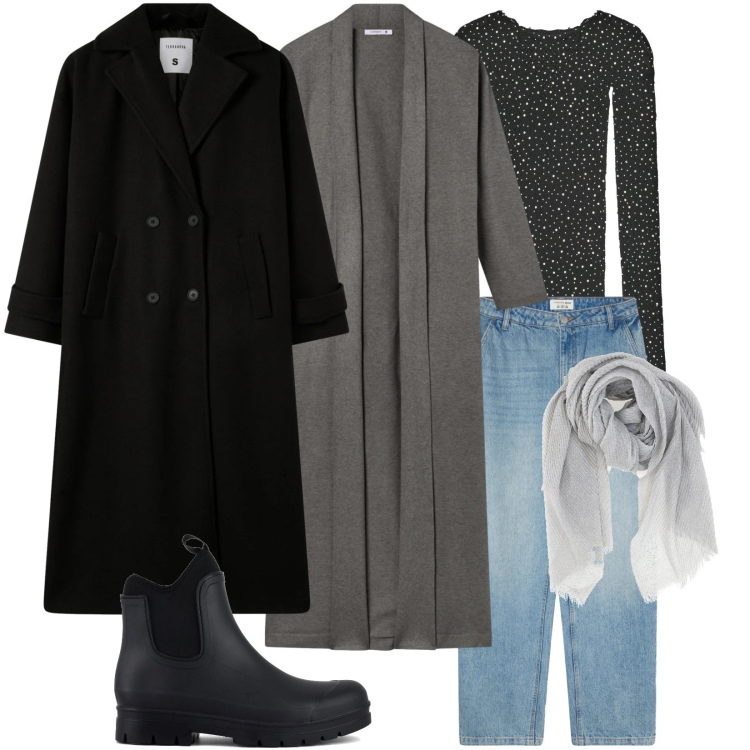 Outfit donna - Layering gennaio. Stile Casual per Tutti i giorni. Abbinamento con cardigans, jeans, body, cappotti, stivali, foulard.