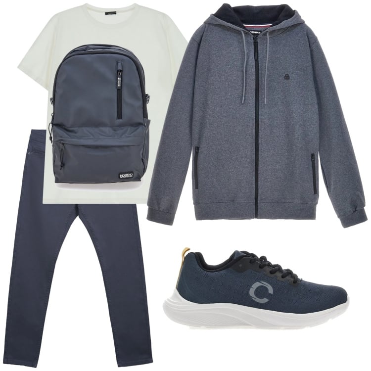 Outfit uomo - Total look #2323804. Stile Urban per Tutti i giorni. Abbinamento con pantaloni skinny, t-shirt, borse sportive, sneakers, felpe con cappuccio.