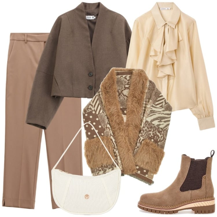 Outfit donna - Copriamoci per benino!. Stile Casual chic per Tutti i giorni. Abbinamento con camicie, blazer, pantaloni, borse a mano, cappe, stivaletti chelsea.