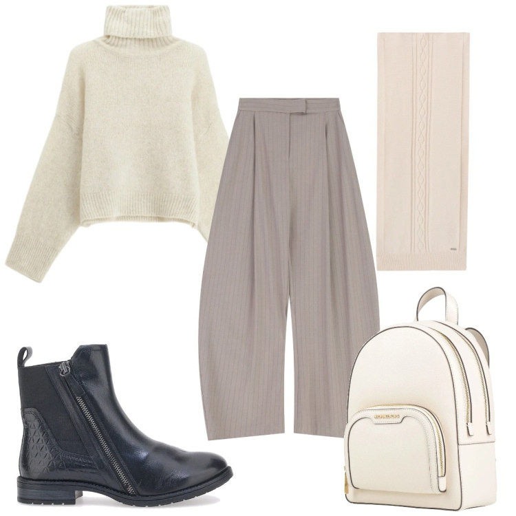 Outfit donna - Atmosfera nordica: la sciarpa. Stile Minimal per Tutti i giorni. Abbinamento con zaini, pantaloni a palazzo, maglieria, sciarpe, stivaletti chelsea.