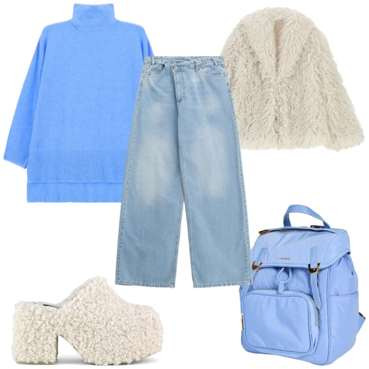 Outfit donna - Atmosfera nordica: bianco e azzurro. Stile Trendy per Tutti i giorni. Abbinamento con zaini, ecopellicce, maglieria, jeans, sabot.