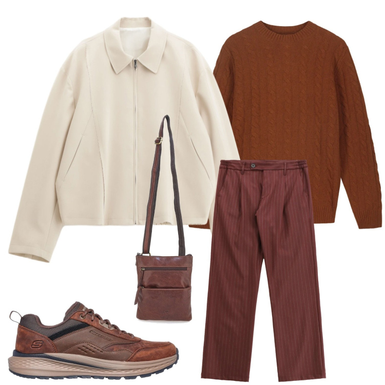 Outfit uomo - Giornata piovosa. Stile Trendy per Ufficio. Abbinamento con cappotti, pantaloni, portafogli, maglieria, sneakers.