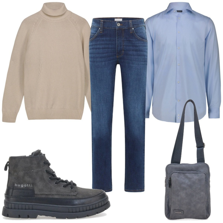 Outfit uomo - Mood nordico: in jeans. Stile Casual per Tutti i giorni. Abbinamento con jeans dritti, stivali e stivaletti, portafogli, pullovers, camicie.