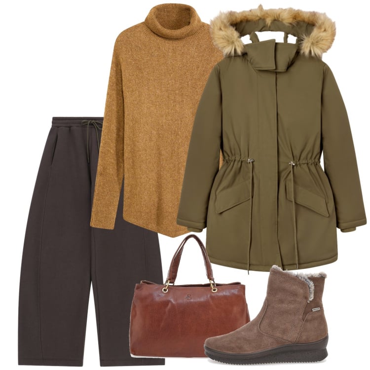 Outfit donna - Atmosfera nordica. Stile Casual per Tutti i giorni. Abbinamento con maglieria, parka, pantaloni a palazzo, stivaletti, borse a tracolla.