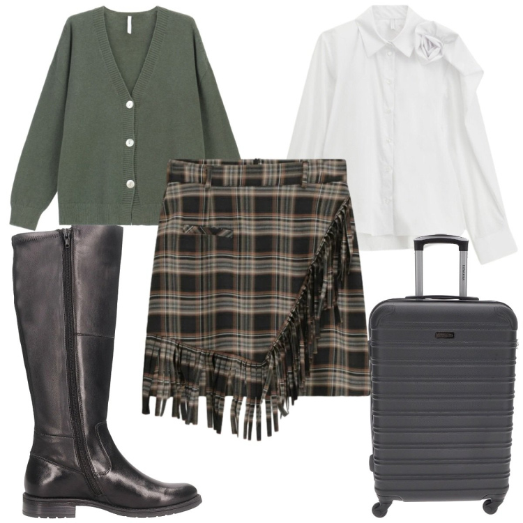 Outfit donna - Gennaio con gli stivali: in viaggio. Stile Trendy per Tutti i giorni. Abbinamento con cardigans, minigonne, camicie, stivali, valigie.