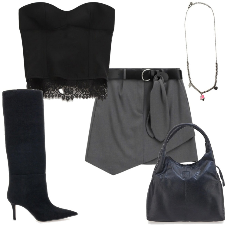 Outfit donna - Gennaio con gli stivali: glamour. Stile Glamour per Serata fuori. Abbinamento con minigonne, top, ciondoli, stivali, borse a mano.