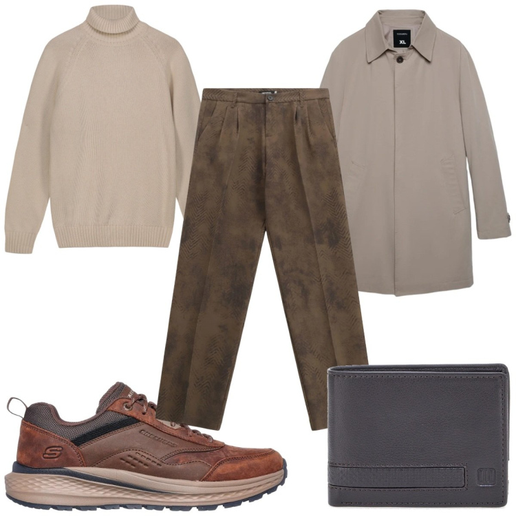 Outfit uomo - Giornata piovosa : il trench. Stile Casual per Tutti i giorni. Abbinamento con trench, pantaloni, portafogli, pullovers, sneakers.