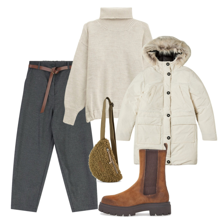 Outfit donna - Atmosfera nordica. Stile Casual per Tutti i giorni. Abbinamento con parka, maglieria, pantaloni, marsupi, stivaletti chelsea.