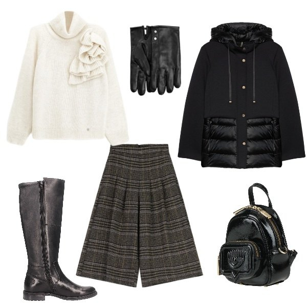 Outfit donna - Semplice, comodo ma raffinato. Stile Casual chic per Tutti i giorni. Abbinamento con guanti, zaini, maglieria, pantaloni a palazzo, piumini, stivali.