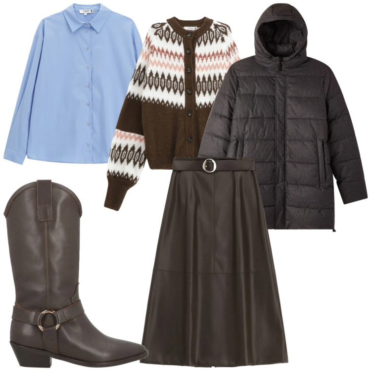 Outfit donna - Layering : camicia cardigan e cappotto. Stile Trendy per Tutti i giorni. Abbinamento con stivali, bomber, cardigans, camicie, gonne lunghe.