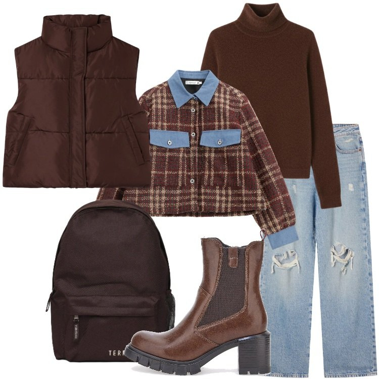 Outfit donna - Layering per i giorni più freddi. Stile Trendy per Tutti i giorni. Abbinamento con jeans strappati, zaini, piumini, blazer, pullovers, stivaletti.