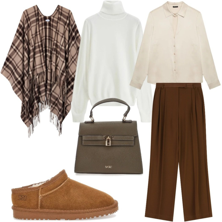 Outfit donna - Layering con la mantella. Stile Trendy per Tutti i giorni. Abbinamento con cappotti, pantaloni, maglieria, camicie, zoccoli, borse a mano.