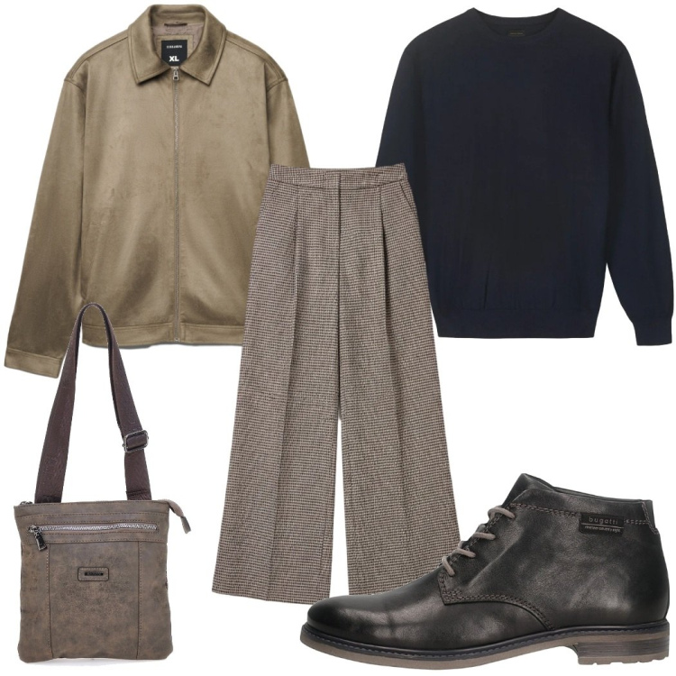 Outfit uomo - Gennaio senza fretta: a passeggio. Stile Trendy per Tutti i giorni. Abbinamento con giacche, pantaloni a palazzo, portafogli, stivali e stivaletti, maglieria.