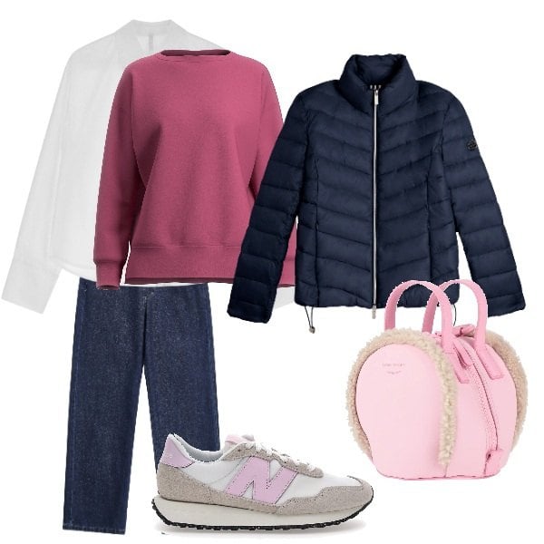 Outfit donna - a scuola alle 07.00. Stile Basic per Tutti i giorni. Abbinamento con zaini, jeans dritti, camicie, piumini, felpe, sneakers.