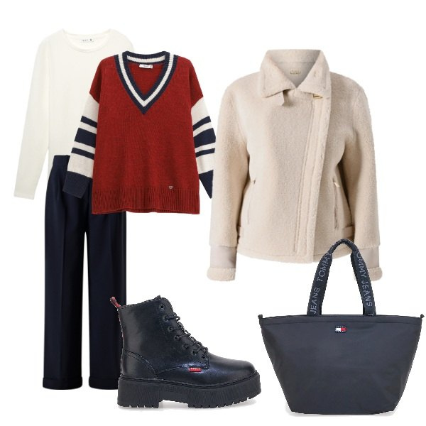 Outfit donna - domenica in centro. Stile Basic per Tutti i giorni. Abbinamento con ecopellicce, pantaloni, t-shirt, maglieria, borse tote, anfibi.