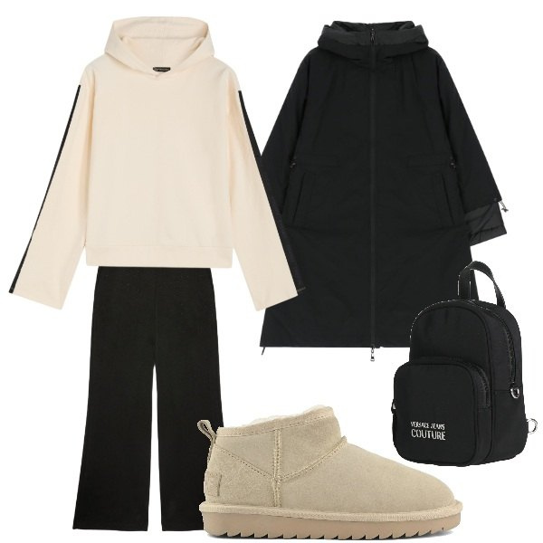 Outfit donna - la felpa così. Stile Sporty chic per Tutti i giorni. Abbinamento con zaini, parka, felpe con cappuccio, pantaloni, stivali.