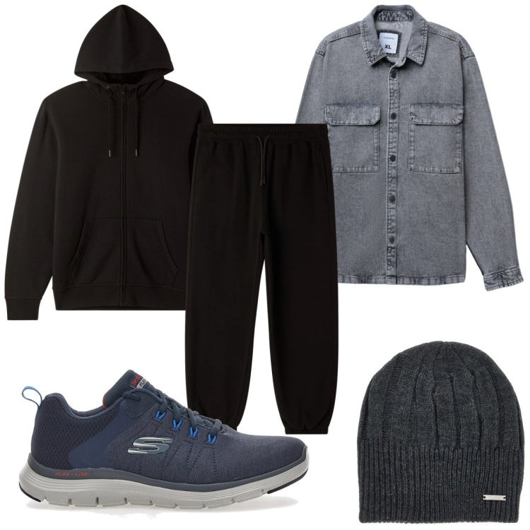 Outfit uomo - Total look #2323845. Stile Trendy per Tutti i giorni. Abbinamento con cappotti, felpe con cappuccio, pantaloni, berretti, sneakers.