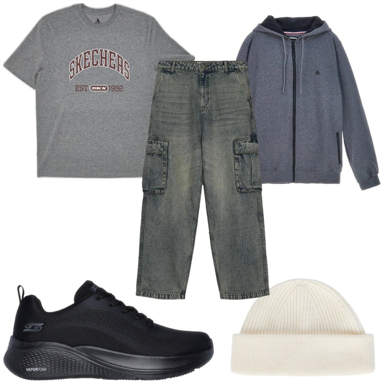 Outfit uomo - Total look #2323847. Stile Trendy per Tutti i giorni. Abbinamento con jeans, sneakers, berretti, t-shirt, felpe con cappuccio.