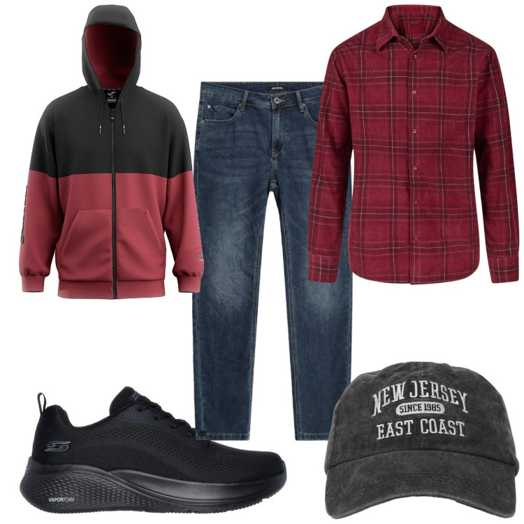 Outfit uomo - Total look #2323848. Stile Casual per Tutti i giorni. Abbinamento con cappelli con visiera, jeans slim fit, sneakers, camicie, felpe.