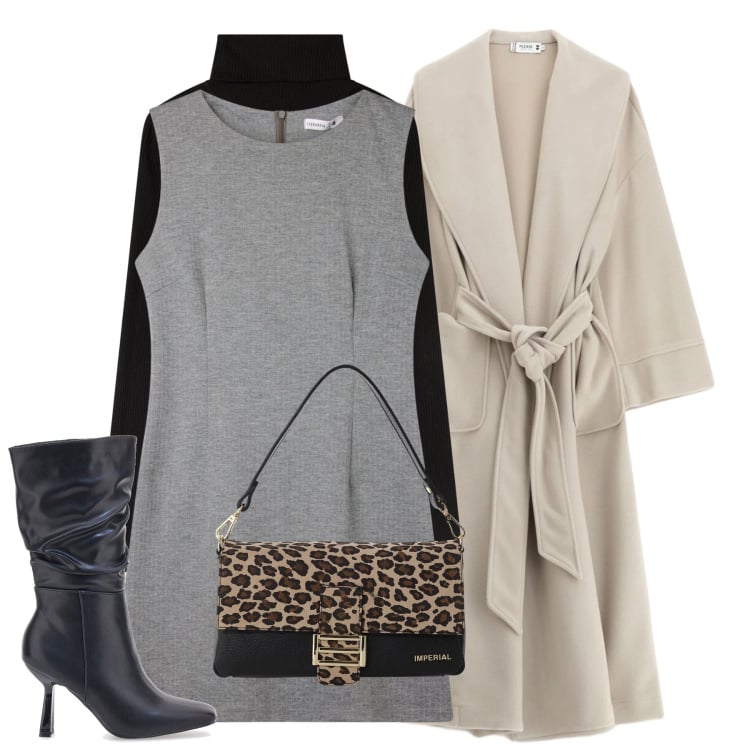 Outfit donna - Layering chic. Stile Chic per Ufficio. Abbinamento con vestiti senza maniche, maglieria, cappotti, borse a spalla, stivali.