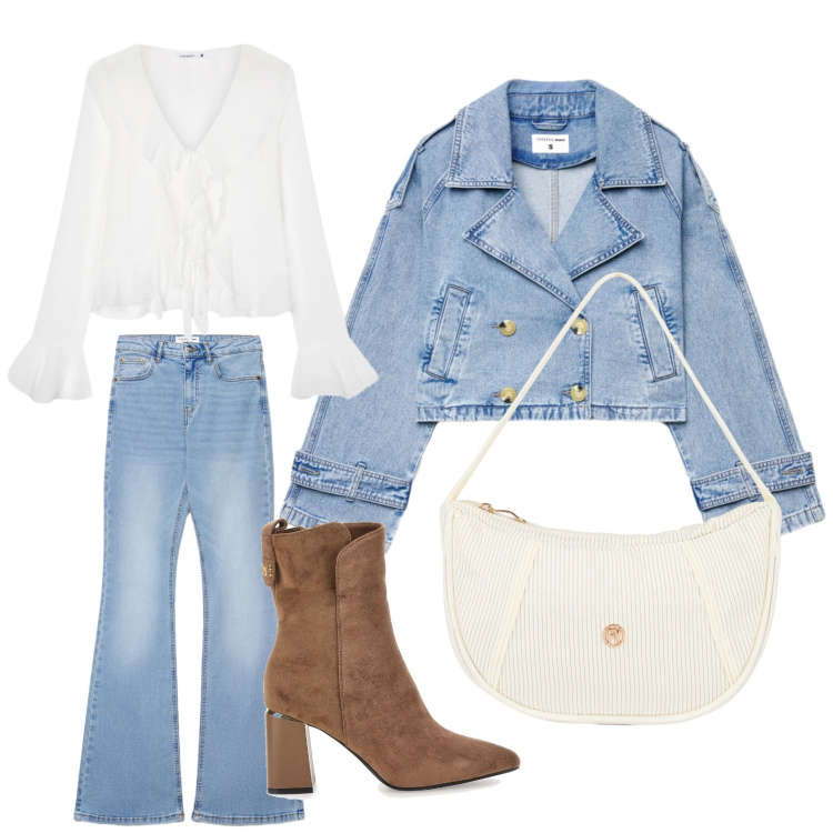 Outfit donna - Aria di primavera. Stile Casual chic per Tutti i giorni. Abbinamento con jeans a zampa, bluse, caban, borse a mano, stivaletti.