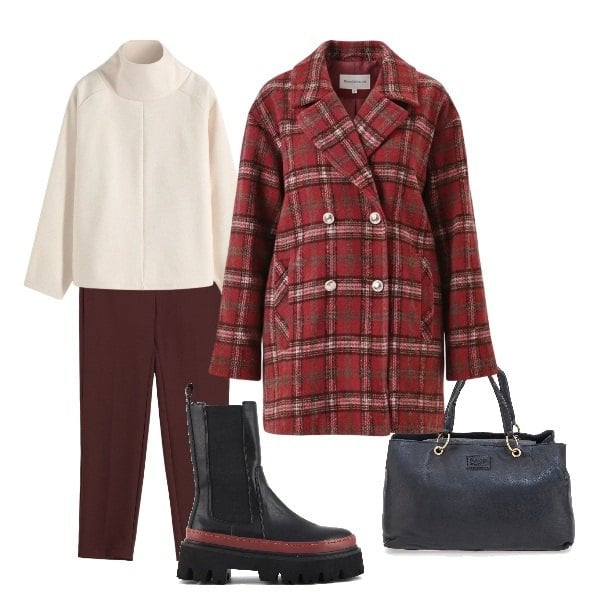 Outfit donna - domenica. Stile Casual per Tutti i giorni. Abbinamento con maglieria, pantaloni, cappotti, borse a mano, stivaletti chelsea.